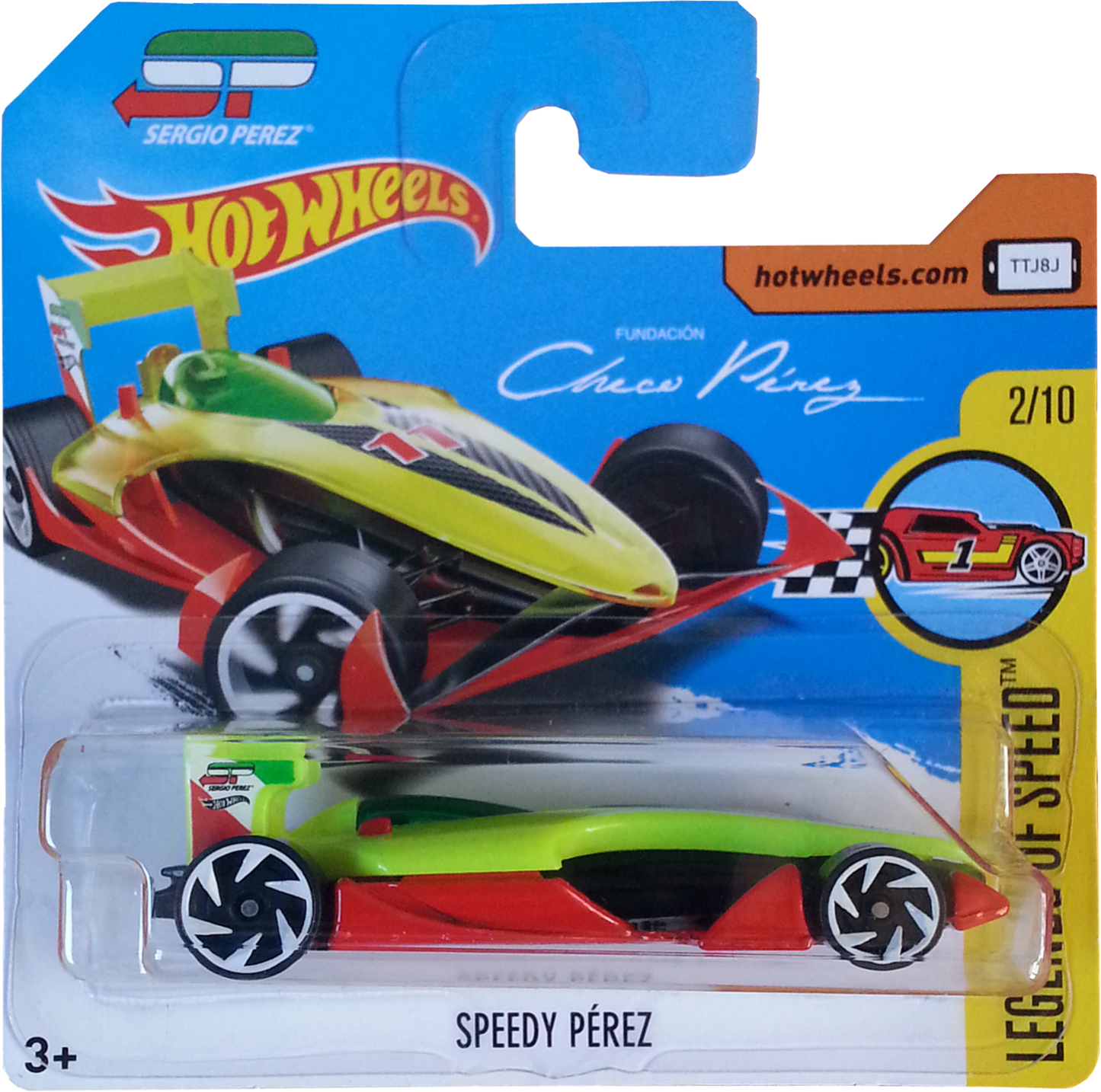 Hot Wheels 2017 - Collector # 023/365 - Legends of Speed 02/10 - New Models - Speedy Pérez - Bright Yellow Body / Red Base / #11 - International 'Sergio Perez' Short Card