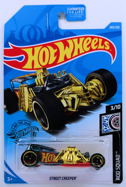 Hot Wheels 2019 - Collector # 203/250 - Rod Squad 3/10 - Super Treasure Hunts - Street Creeper - Spectraflame Black Metallic - Real Riders - USA Card