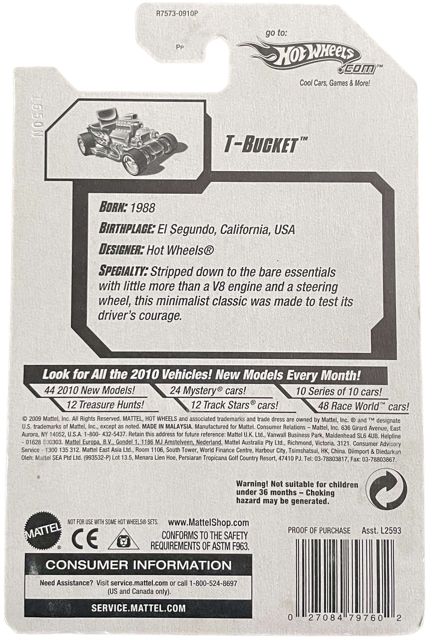 Hot Wheels 2010 - Collector # 148/240 - HW Hot Rods 10/10 - T-Bucket - Purple - Flames - Gold 5 Spoke Wheels - USA Card