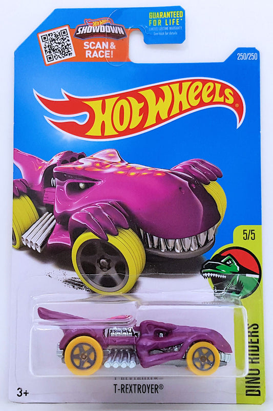 Hot Wheels 2016 - Collector # 250/250 - Dino Riders 5/5 - Treasure Hunts - T-Rextroyer - Purple / Circle Flame Logo on top - USA 'Showdown' Card