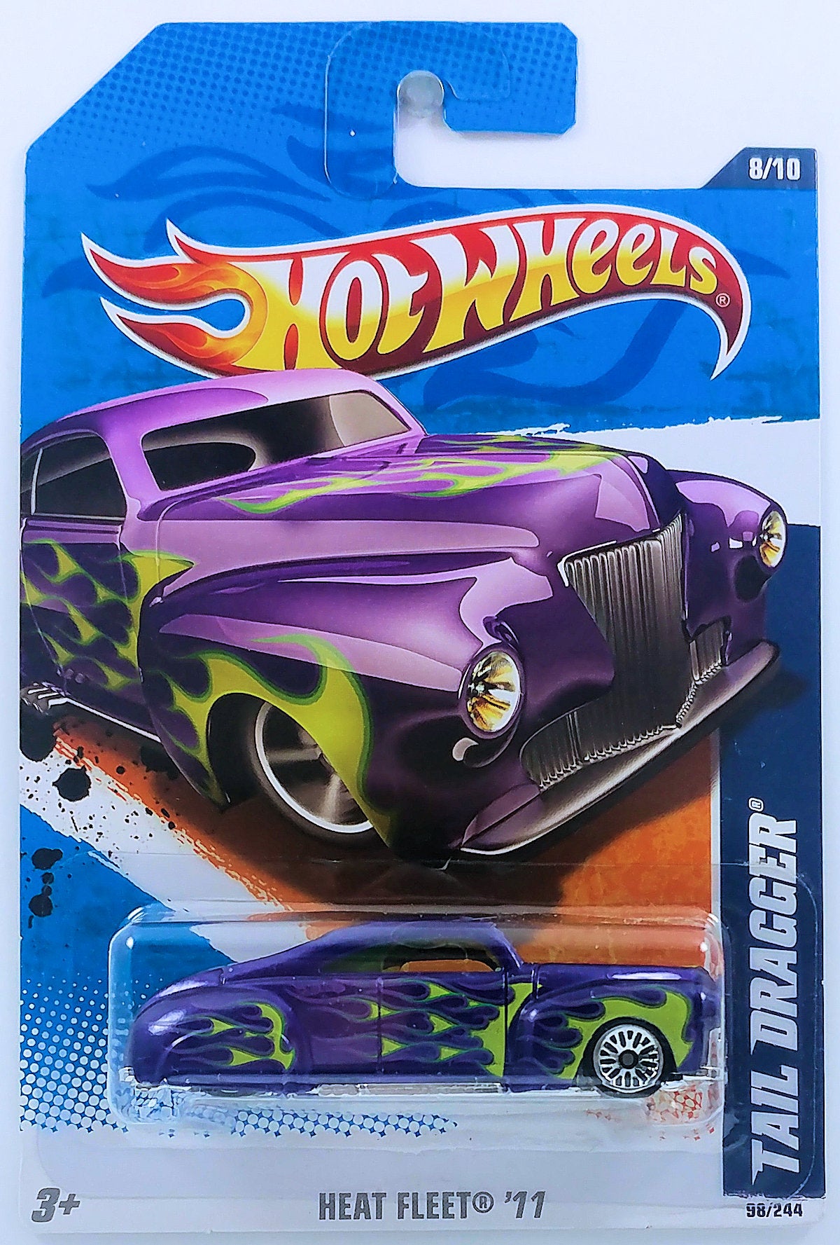 Hot Wheels 2011 - Collector # 098/244 - Heat Fleet 8/10 - Tail Dragger - Purple / Green Flames - Lace Wire Wheels - USA Card