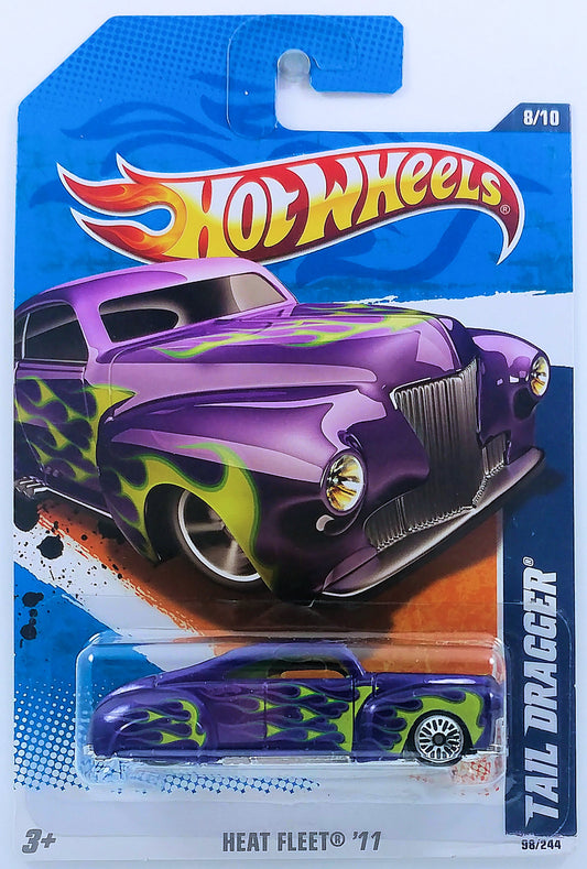 Hot Wheels 2011 - Collector # 098/244 - Heat Fleet 8/10 - Tail Dragger - Purple / Green Flames - Lace Wire Wheels - USA Card