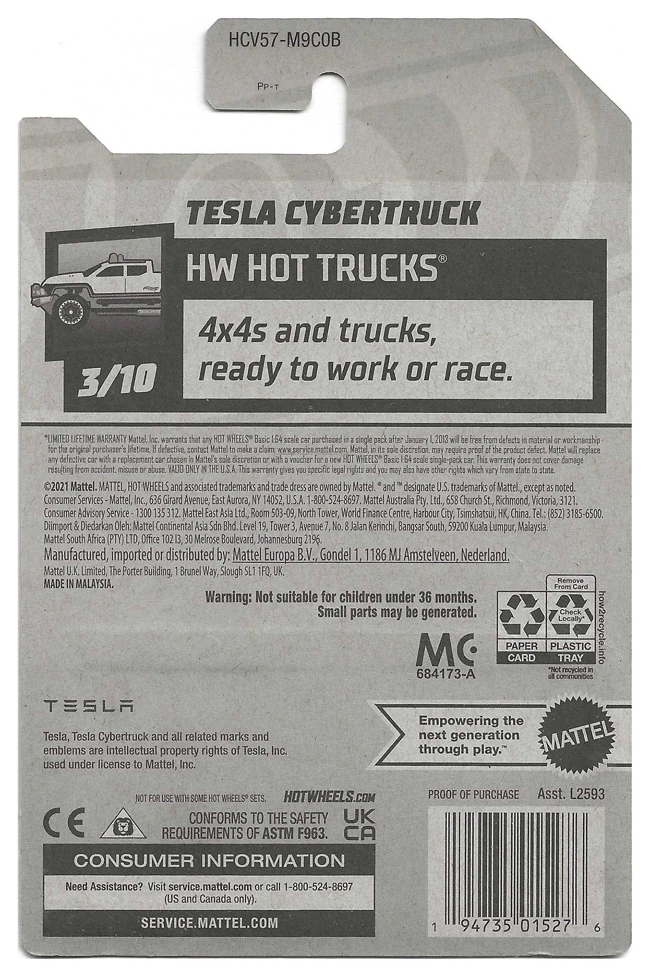Hot Wheels 2022 - Collector # 049/250 - HW Hot Trucks 3/10 - Tesla Cybertruck - ZAMAC - USA Card