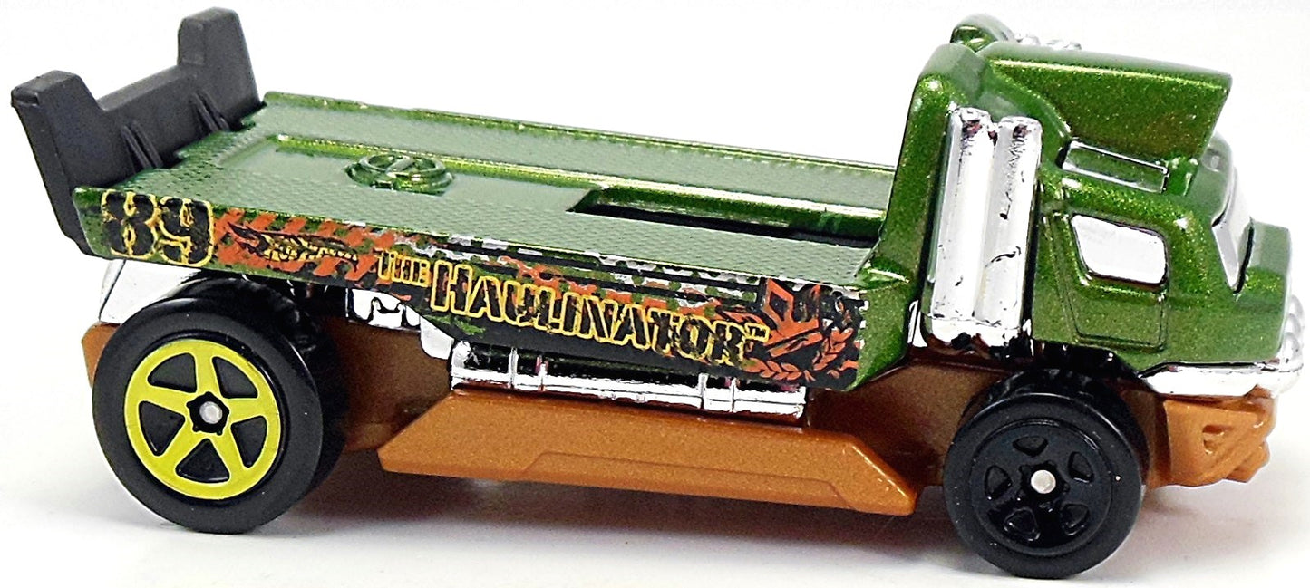 Hot Wheels 2015 - Collector # 090/250 - HW Off-Road / Battle Kings / New Models - The Haulinator - Dark Green  Metalflake over Brown - Slide Back Bed - USA 'Scan & Race' Card