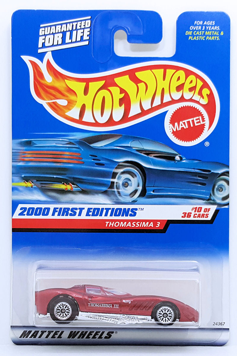 Hot Wheels 2000 - Collector # 070/250 - First Editions 10/36 - Thomassima 3 - Metallic Red with Side Tampos - LW Wheels - USA 'Square' Card
