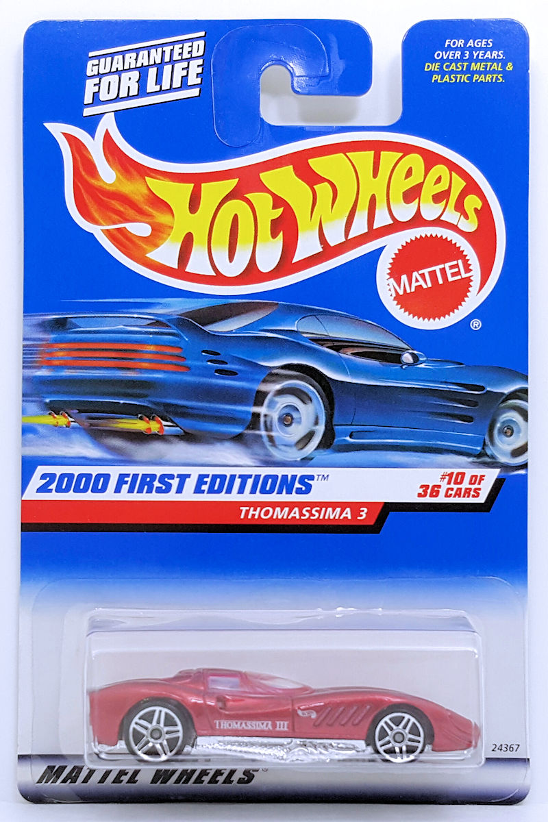 Hot Wheels 2000 - Collector # 070/250 - First Editions 10/36 - Thomassima 3 - Metallic Red with Side Tampos - PR5 Wheels - USA 'Square' Card