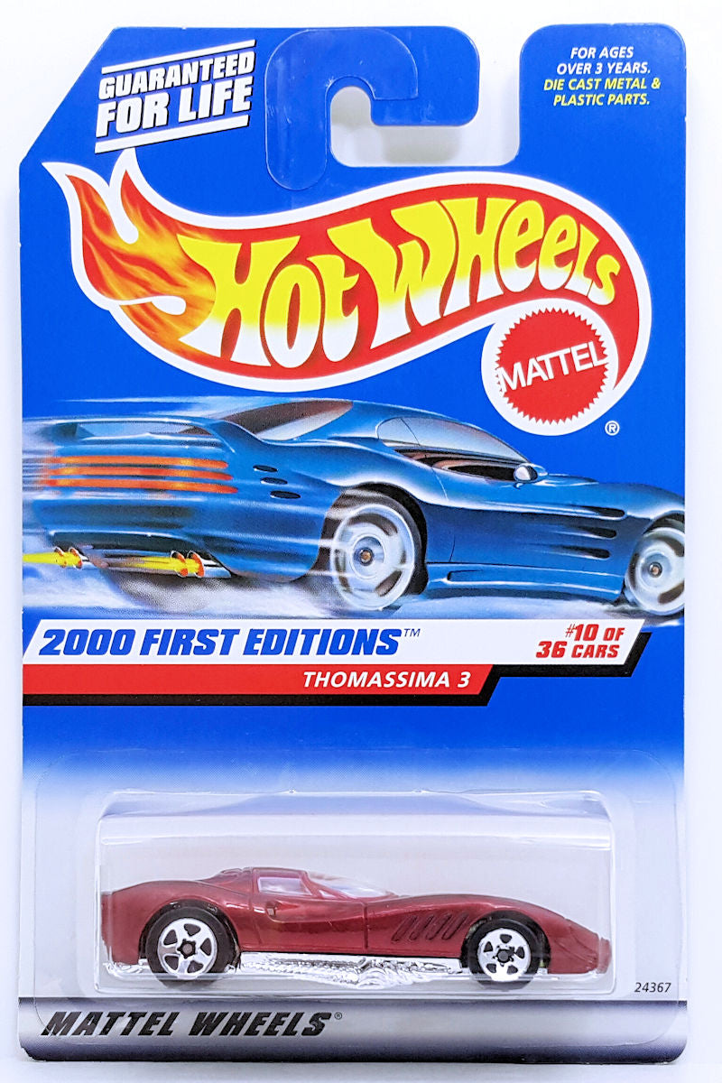 Hot Wheels 2000 - Collector # 070/250 - First Editions 10/36 - Thomassima 3 - Metallic Red with Rear Tampos - 5 Spoke Wheels - USA 'Angled' Card