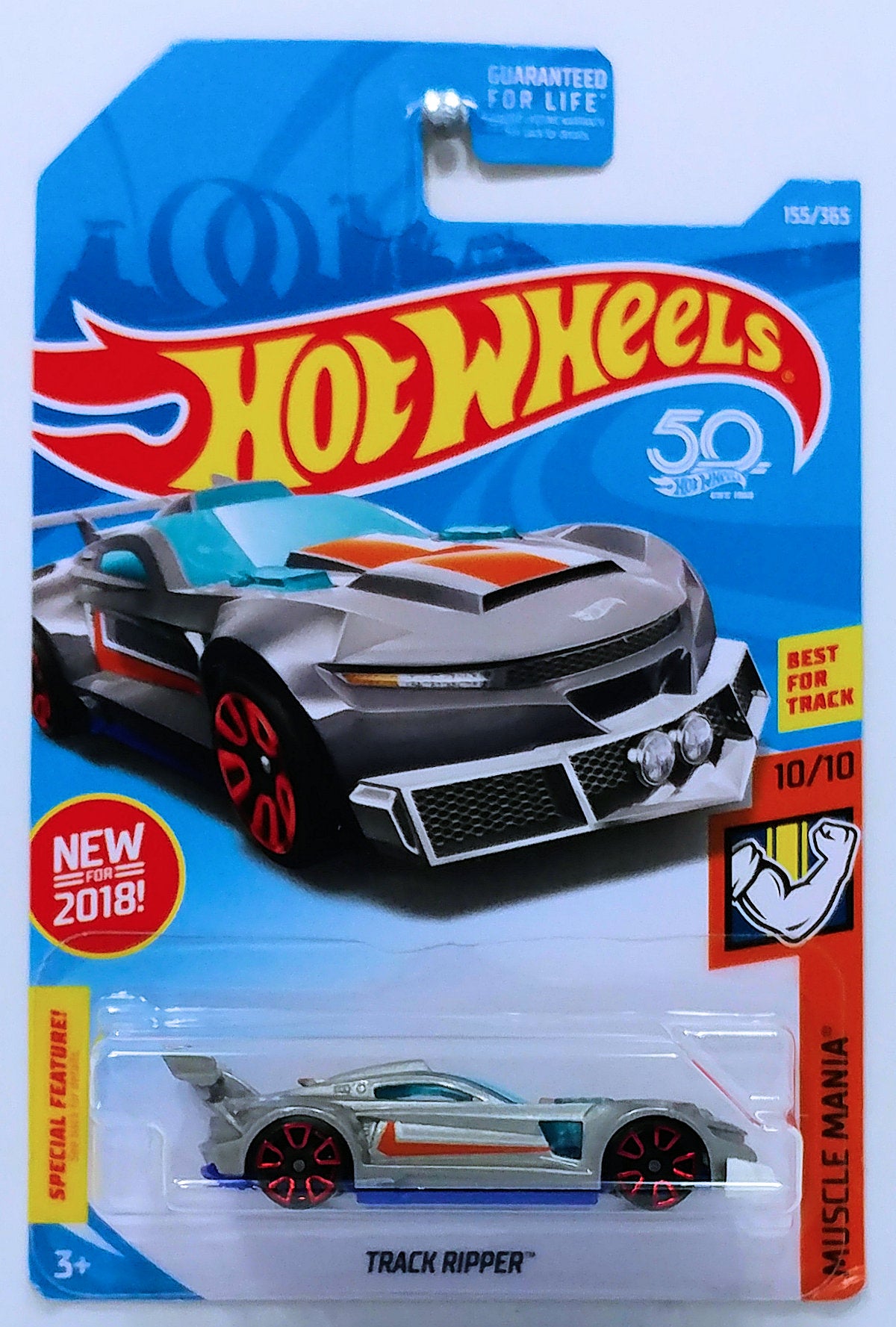 Hot Wheels 2018 - Collector # 155/365 - Muscle Mania 10/10 - New Models - Track Ripper - Silver - TRAP5 Wheels - USA 50th Card