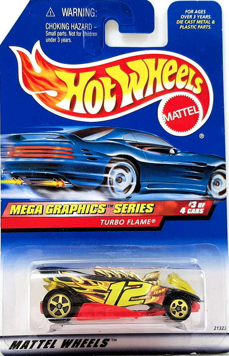 Hot Wheels 1999 - Collector # 975 - Mega Graphics Series 3/4 - Turbo Flame - Black / Flames / #12 - Red Base - Gold 5 Spokes - USA Card