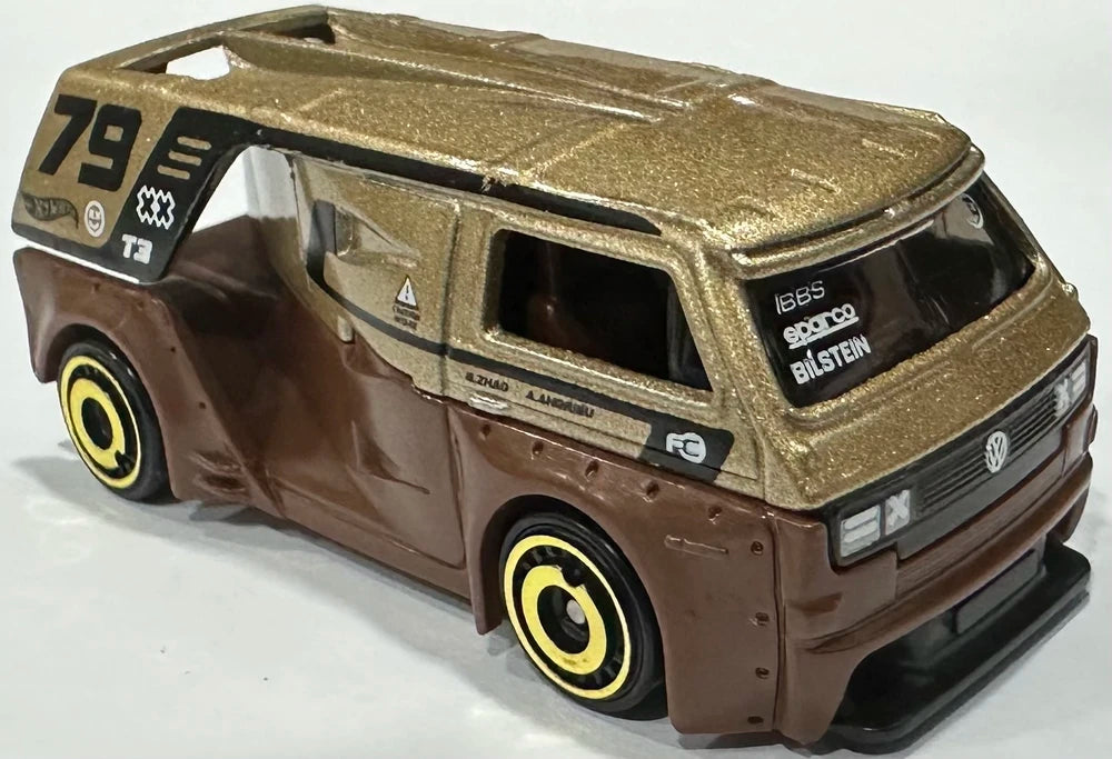 Hot Wheels 2024 - Collector # 227/250 - HW Vans 4/5 - New Models - VW T3 Custom - Gold over Brown / #79 / Various Racing Decals - International Card