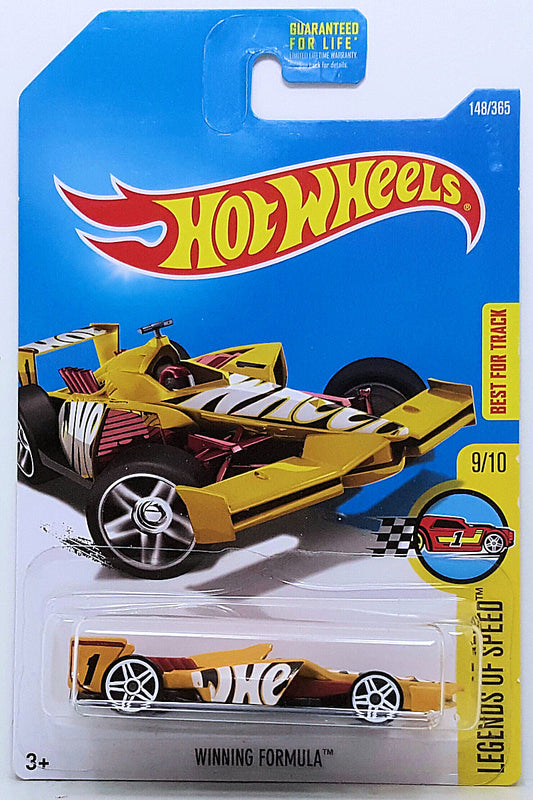 Hot Wheels 2017 - Collector # 148/365 - Legends of Speed 9/10 - Winning Formula - Butterscotch Yellow / #1 - USA Card