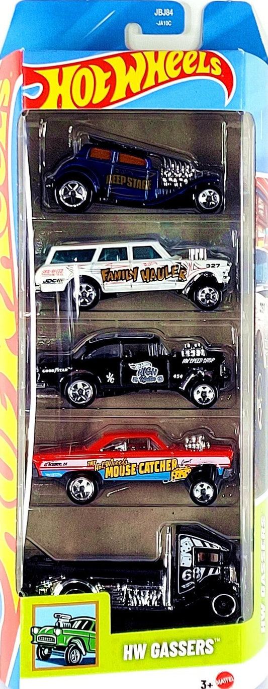 Hot Wheels 2025 - Gift Pack / 5 Pack - HW Gassers - Straight Pipes, '64 Chevy Nova Gasser, '55 Chevy Bel Air Gasser, '65 Mercury Comet Cyclone & Fast-Bed Hauler