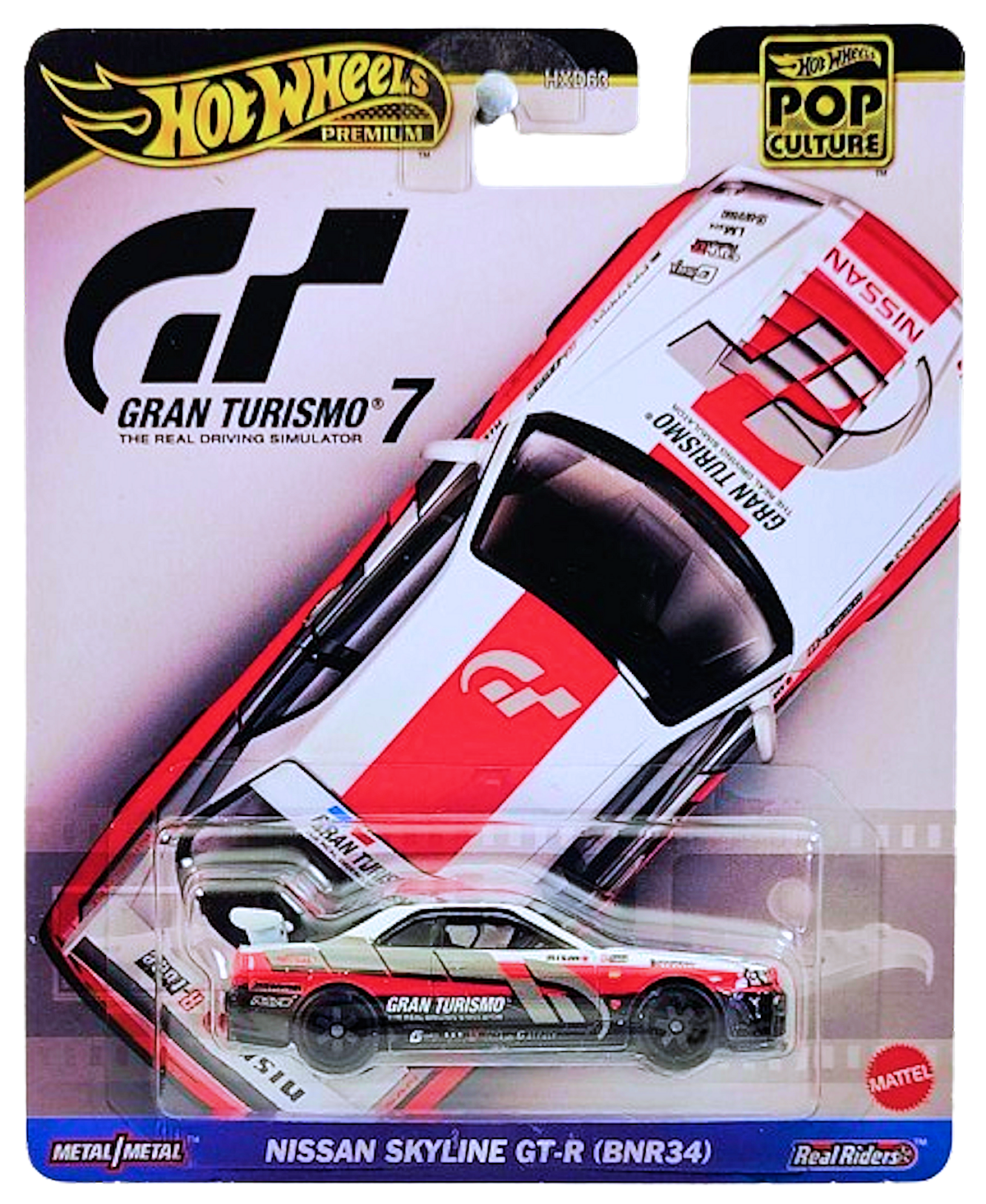 Hot Wheels 2024 - Premium / Pop Culture / Gran Turismo 7 - Nissan Skyline GT-R (BNR34) - Red, White & Black with GT Graphics - Metal/Metal & Real Riders