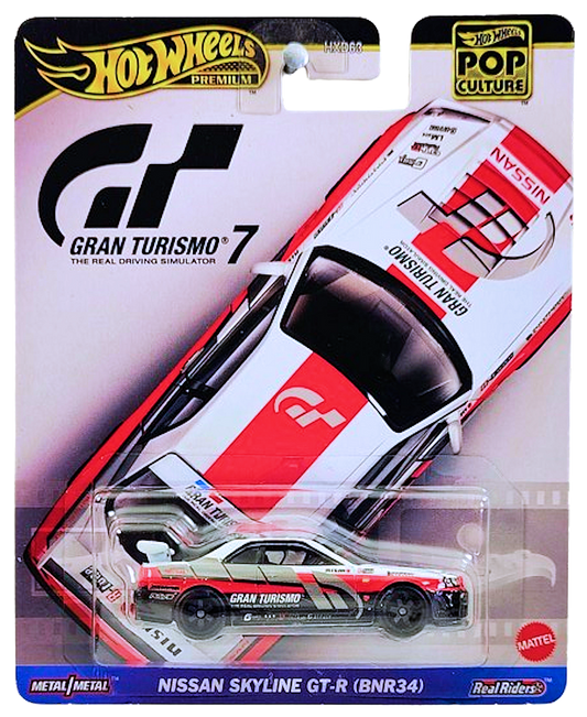 Hot Wheels 2024 - Premium / Pop Culture / Gran Turismo 7 - Nissan Skyline GT-R (BNR34) - Red, White & Black with GT Graphics - Metal/Metal & Real Riders
