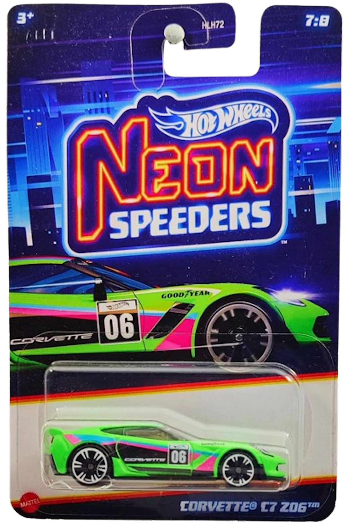 Hot Wheels 2024 - Mix 2 / Neon Speeders 7/8 - Corvette C7 Z06 - Matte Neon Green / #06 / Black, Blue & Pink Stripes - White NS6 Wheels - Walmart Exclusive