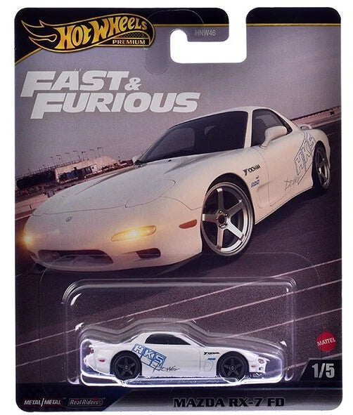 Hot Wheels 2025 - Premium / Fast & Furious 1/5 - Mazda RX-7 FD - White / HKS - Metal/Metal & Real Riders