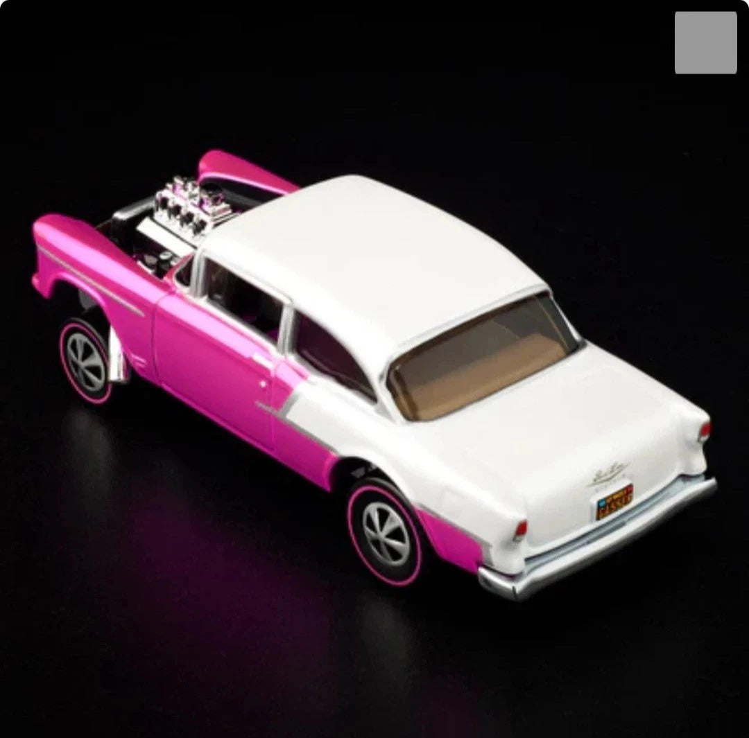Hot Wheels 2025 - RLC Exclusive ’- 55 Chevy Bel Air Gasser - Spectraflame Pink - Neo Classic Red Line Wheels - Metal/Metal - Kar Keeper