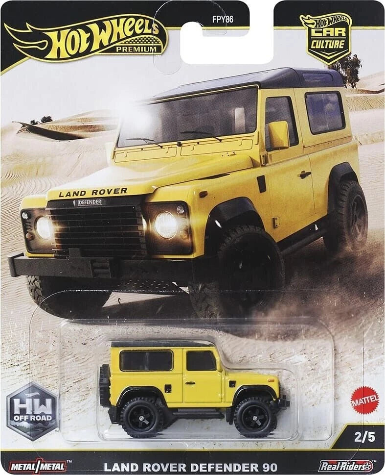 Hot Wheels 2025 - Premium / Car Culture / HW Off Road 2/5 - Land Rover Defender 90 - Yellow - Metal/Metal & Real Riders