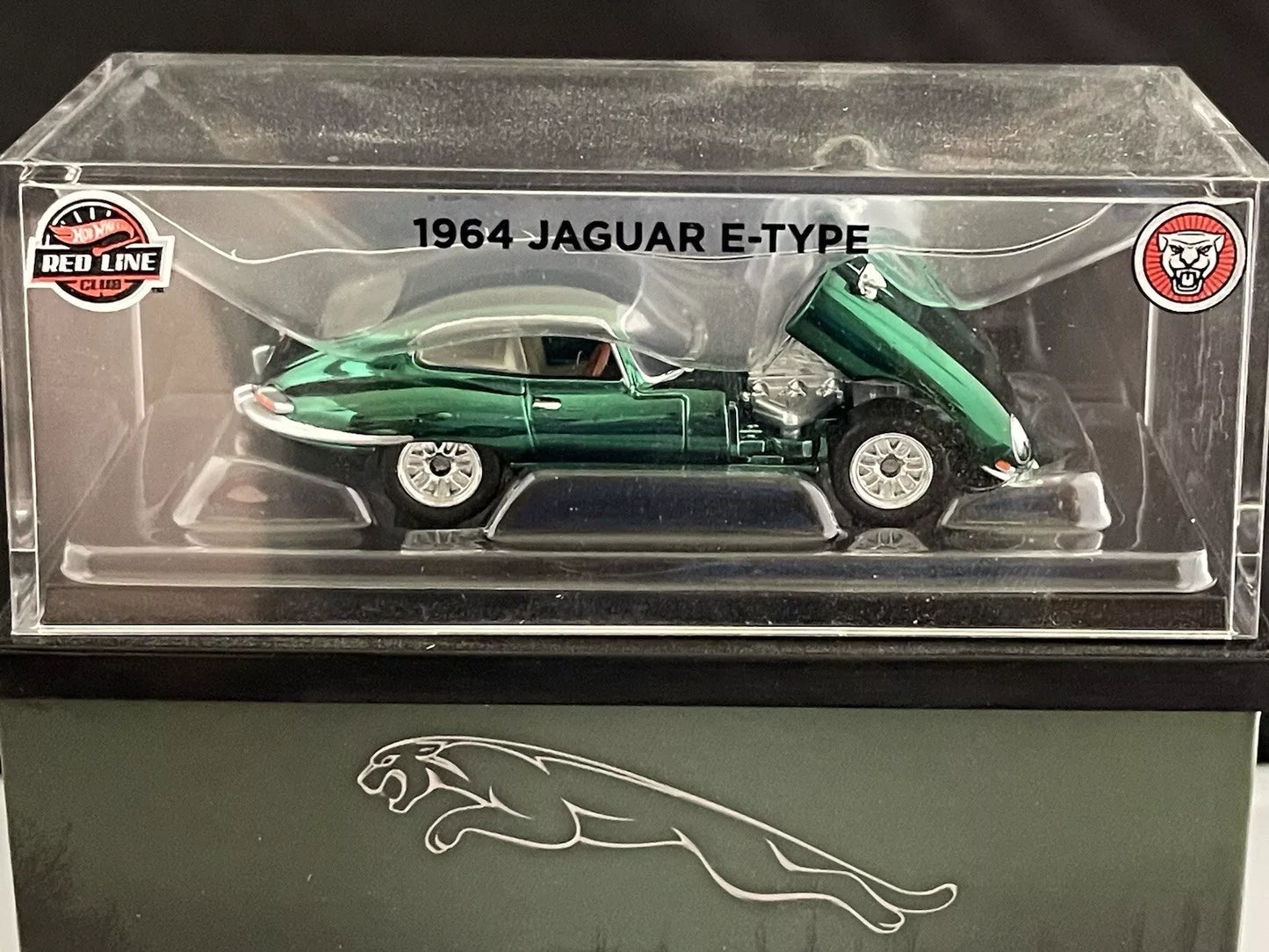 Hot Wheels 2023 - HWC / RLC Exclusive - 1964 Jaguar E-Type - Spectraflame British Racing Green - Metal/Metal - Real Riders - Tilt Forward Hood - Acrylic Display Case - Limited to 30,000