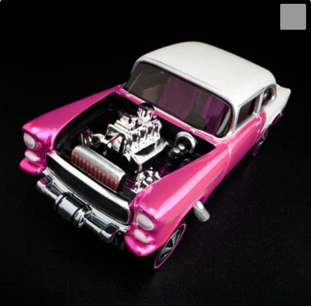 Hot Wheels 2025 - RLC Exclusive ’- 55 Chevy Bel Air Gasser - Spectraflame Pink - Neo Classic Red Line Wheels - Metal/Metal - Kar Keeper