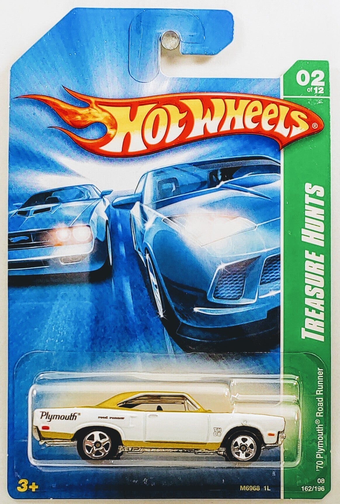 Hot Wheels 2008 - Collector # 162/196 - Treasure Hunts 2/12 - '70 Plymouth Road Runner - AntiFreeze &amp; White - Metal Base - 5 Spokes - USA Card