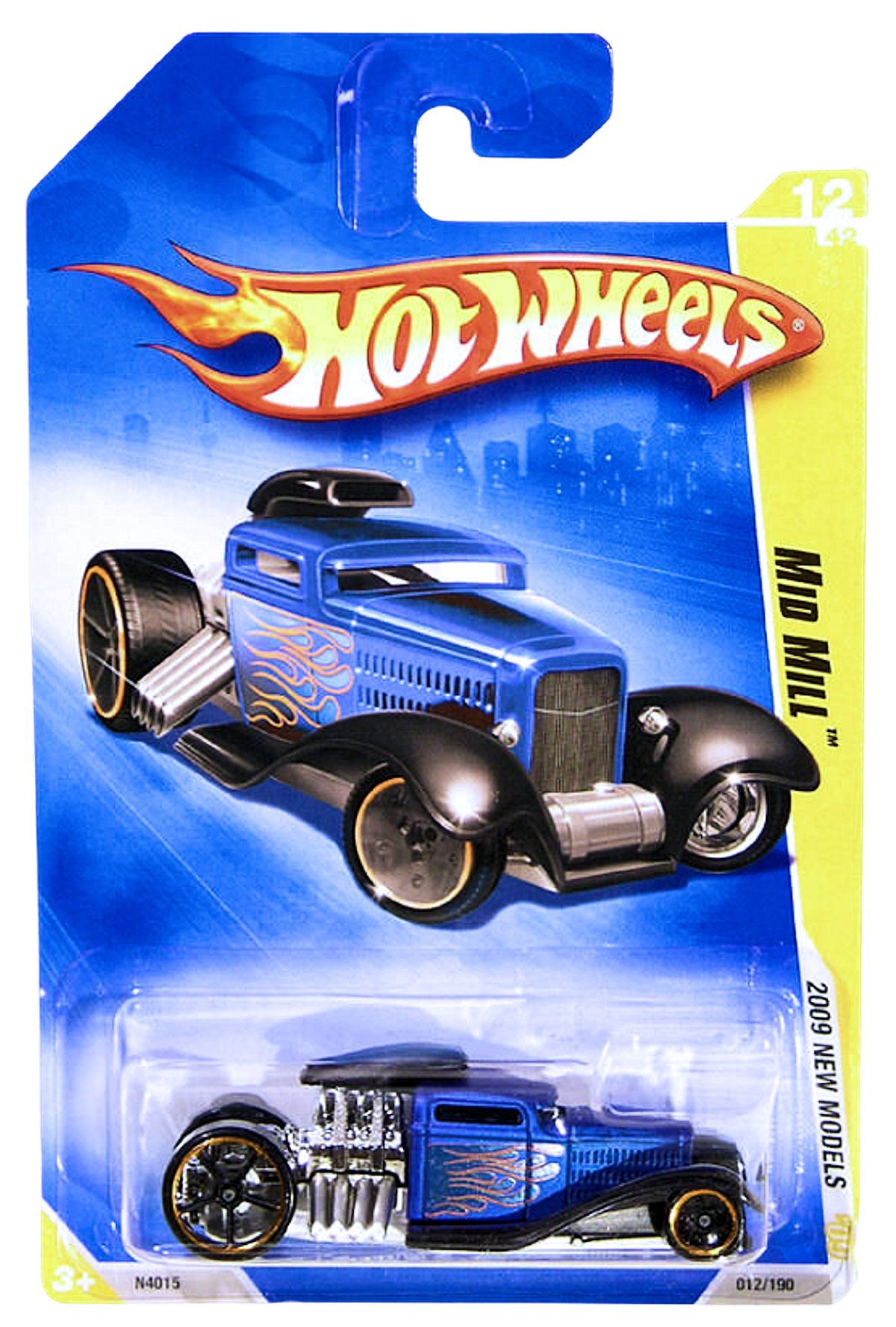 Hot Wheels 2009 - Collector # 012/166 - HW Premiere 12/42 - Mid Mill - Matte Blue / Flames - International Card