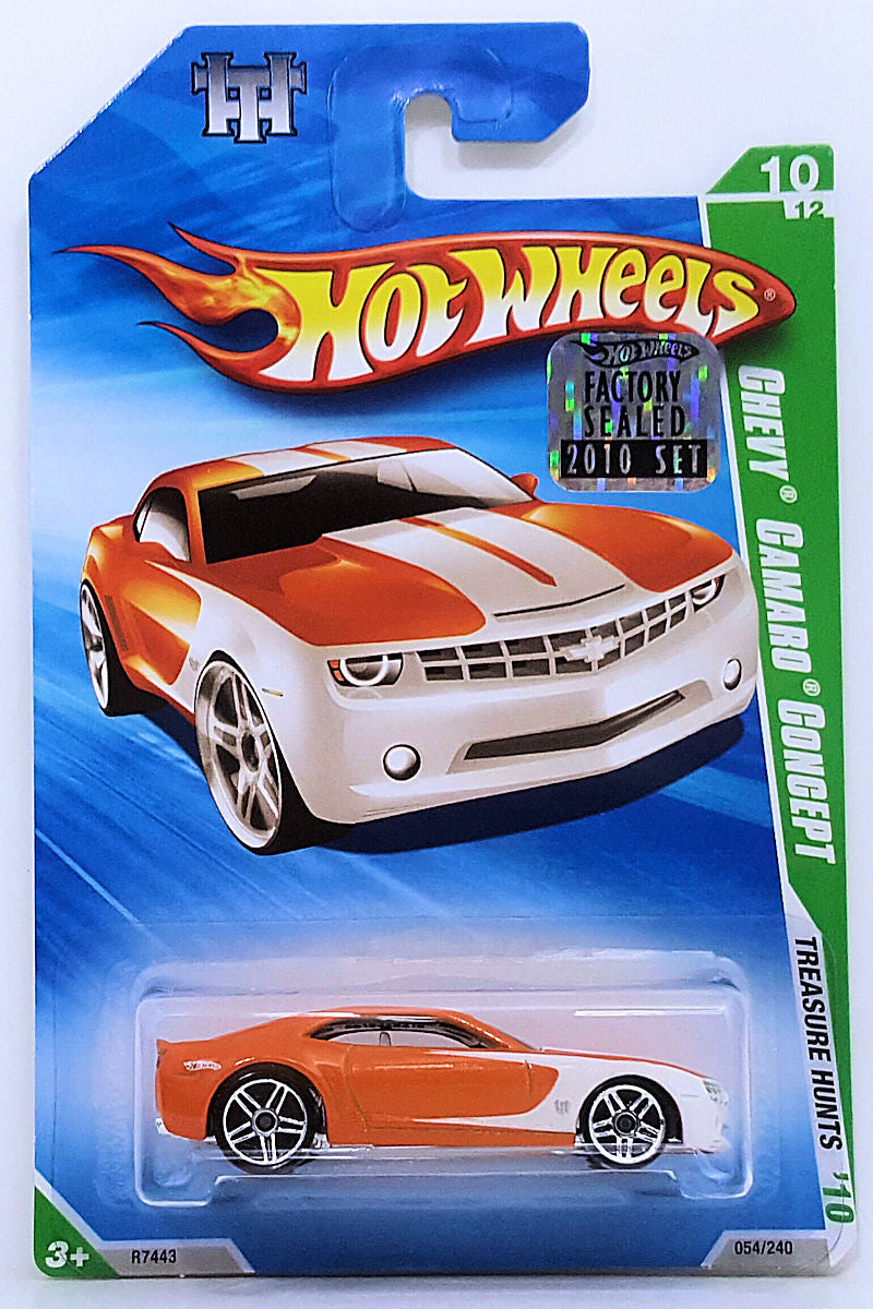 Hot Wheels 2010 - Collector # 054/240 - Treasure Hunts 10/12 - Chevy Camaro Concept - Orange & White - USA Card with Factory Set Sticker