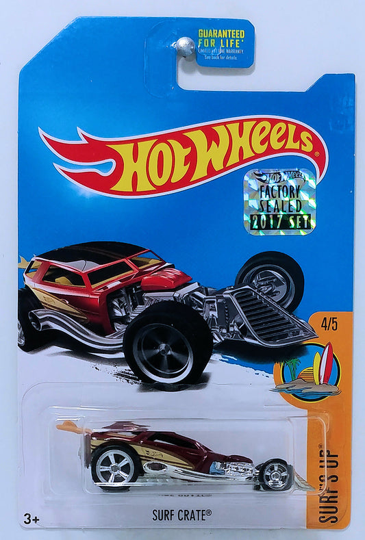Hot Wheels 2017 - Collector # ???/365 - Surf's Up 4/5 - Hidden Super Treasure Hunt - Surf Crate - Spectraflame Dark Red - Real Riders - USA Card with Factory Set Sticker