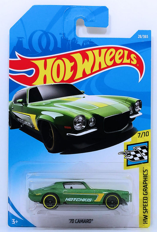 Hot Wheels 2018 - Collector # 028/365 - HW Speed Graphics 7/10 - '70 Camaro - Metalflake Green / Hotchkis - International Long Card
