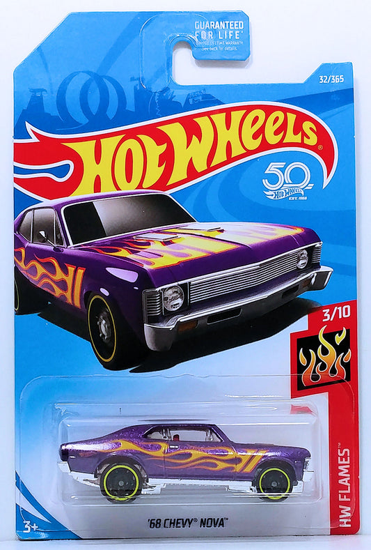 Hot Wheels 2018 - Collector # 032/365 - HW Flames 3/10 - '68 Chevy Nova - Purple - USA '50th' Card