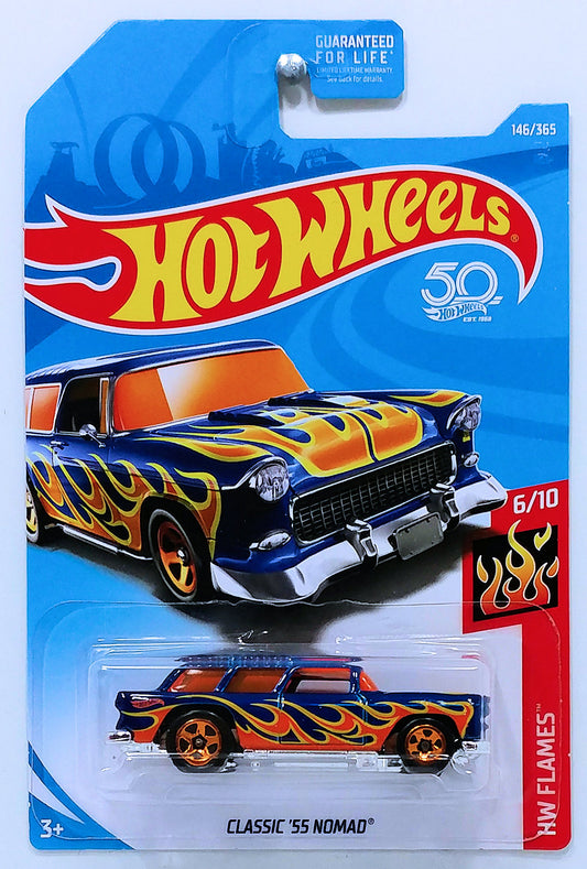 Hot Wheels 2018 - Collector # 146/365 - HW Flames 6/10 - Classic '55 Nomad - Blue - USA 50th Card