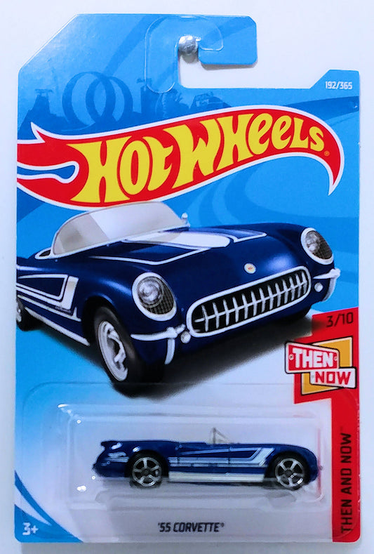 Hot Wheels 2018 - Collector # 192/365 - Then And Now 3/10 - '55 Corvette - Blue - International Long Card