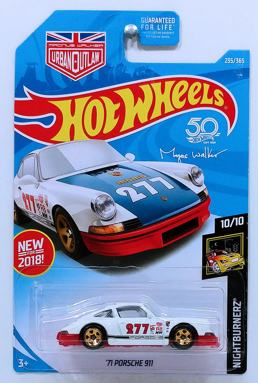 Hot Wheels 2018 - Collector # 235/365 - Nightburnerz 10/10 - New Models - '71 Porsche 911 - White / Blue Hood / Urban Outlaw - USA 50th