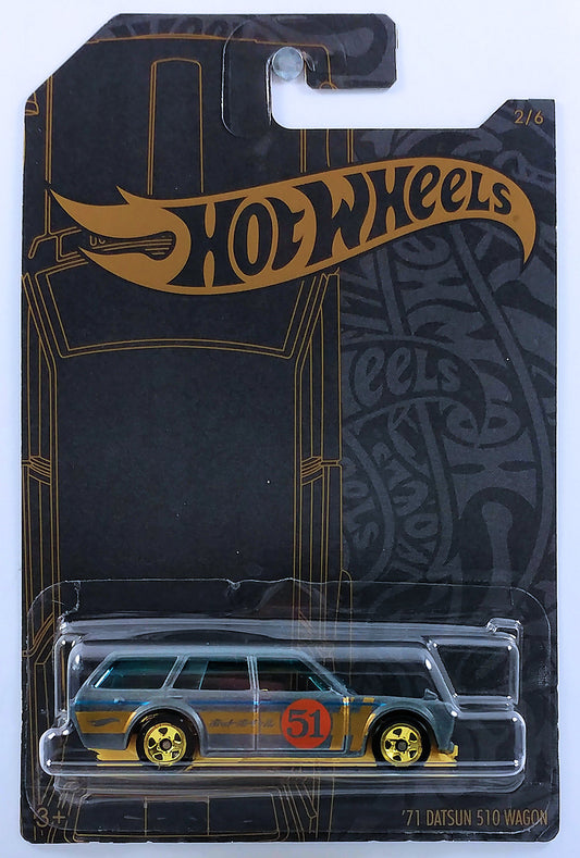 Hot Wheels 2019 - Theme / 51st Anniversary / Satin & Chrome 2/6 - '71 Datsun 510 Wagon - Satin Gray - Gold 5 Spoke Wheels - Metal Body / Plastic Base - Gold 5 Spokes - Drug Stores Exclusive