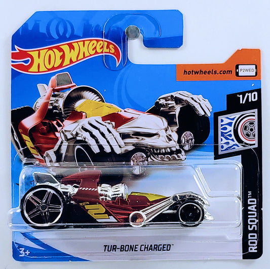 Hot Wheels 2019 - Collector # 145/250 - Rod Squad 1/10 - New Models - Tur-Bone Charged - Satin Dark Red - International Short Card