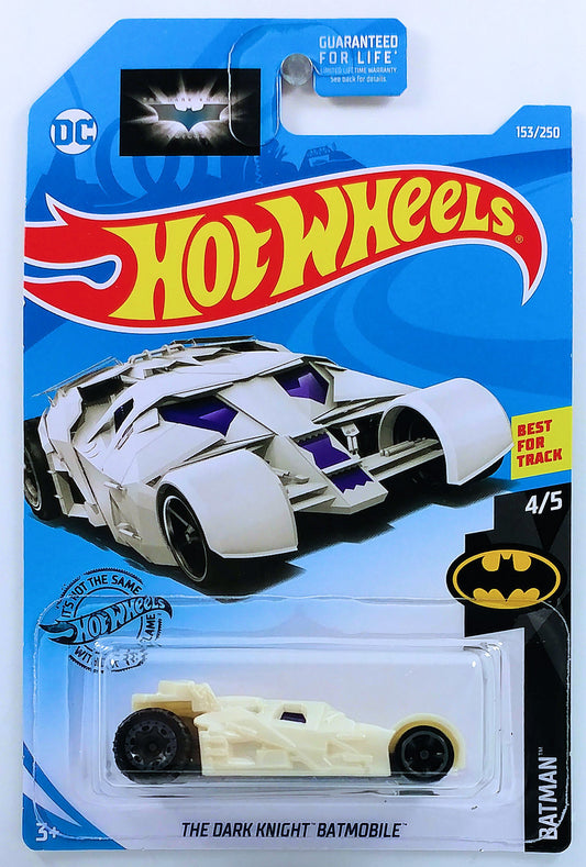 Hot Wheels 2019 - Collector # 153/250 - Batman 4/5 - The Dark Knight Batmobile - Pearl White - USA Card with The Dark Knight Logo