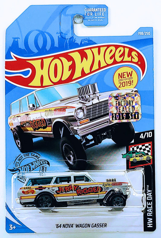Hot Wheels 2019 - Collector # 198/250 - HW Race Day 4/10 - New Models - '64 Nova Wagon Gasser - Primer Gray / Jerry-Rigged - USA Card with Factory Set Sticke