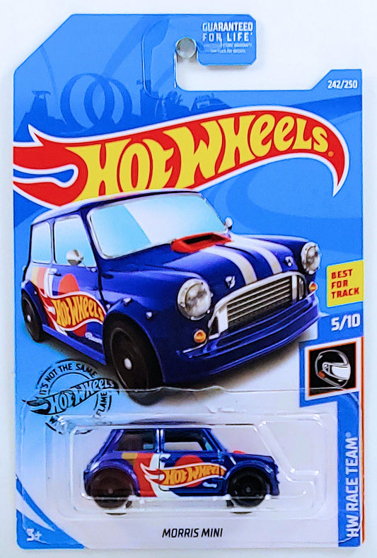 Hot Wheels 2019 - Collector # 242/250 - HW Race Team 5/10 - Morris Mini - Blue / Hot Wheels Racing - USA Card