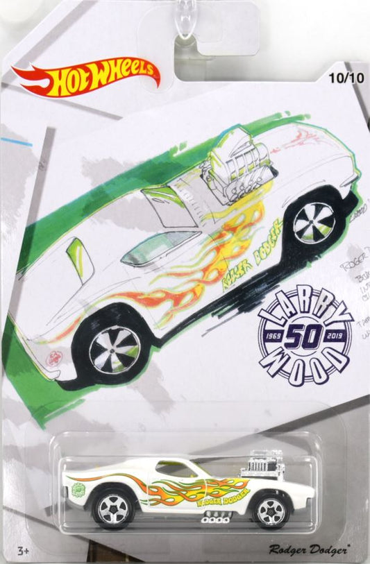 Hot Wheels 2019 - Theme / Larry Wood 50 Years of Design 10/10 - Rodger Dodger - Pearl White with Flames - 5 Spokes - Walmart Exclusive