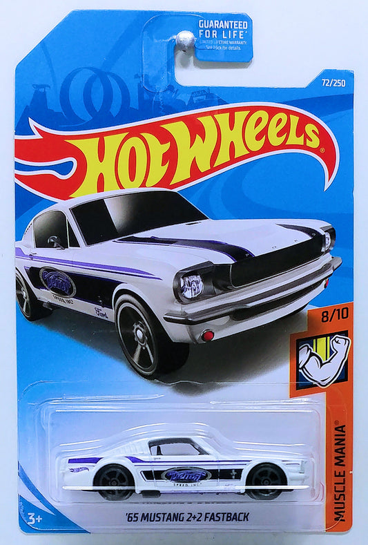 Hot Wheels 2019 - Collector # 072/250 - Muscle Mania 8/10 - '65 Mustang 2+2 Fastback - Matte White - USA Card