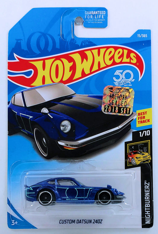 Hot Wheels 2018 - Collector # 015/365 - Nightburnerz 1/10 - Custom Datsun 240Z - Blue - USA '50th' Card with Factory Set Sticker