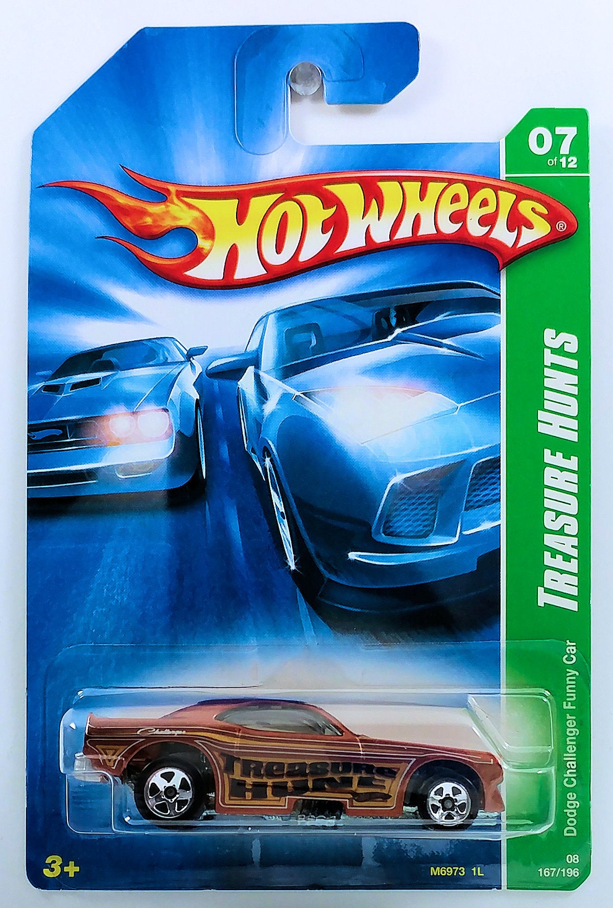 Hot Wheels 2008 - Collector # 167/196 - Treasure Hunts 7/12 - Dodge Challenger Funny Car - Brown Metalflake - 5 Spoke Wheels - Body Lifts Up - USA Card