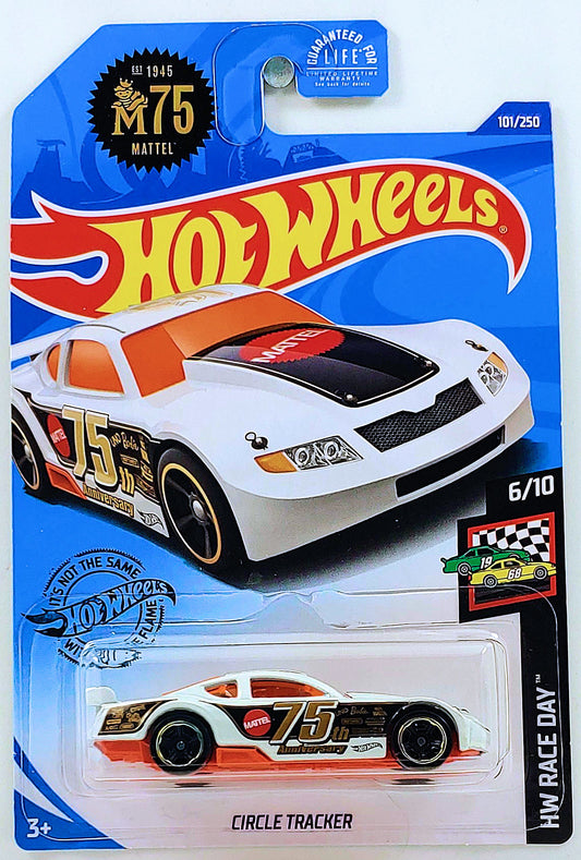 Hot Wheels 2020 - Collector # 101/250 - HW Race Day 6/10 - Circle Tracker - White / Mattel 75th Graphics / Various Racing Decals - USA Card with Mattel 75th Logo