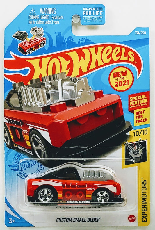 Hot Wheels 2021 - Collector # 131/250 - Experimotors # 10/10 - New Models - Custom Small Block - Red - 5 Spoke Wheels - Tined Windows - Glossy Black Metal Base - Gray Engine - USA Card
