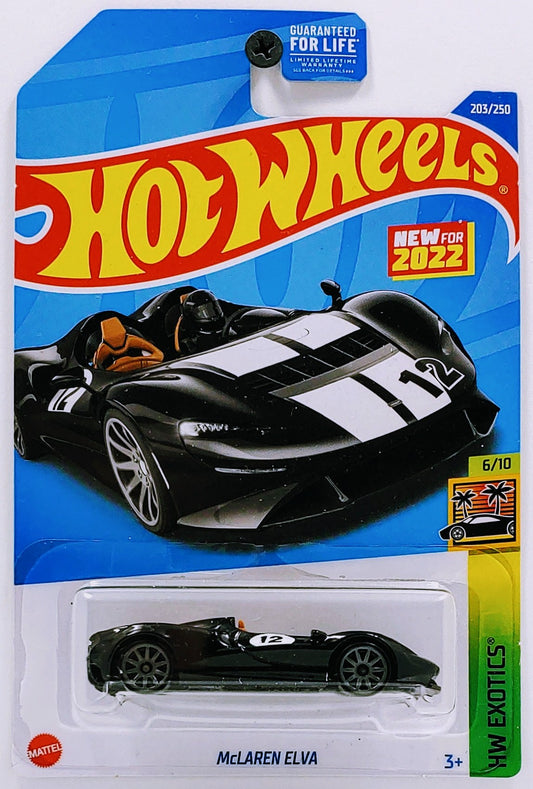 Hot Wheels 2022 - Collector # 203/250 - HW Exotics 6/10 - New Models - McLaren Elva - Black - 10 Spokes - USA Card