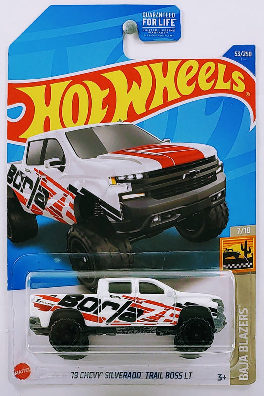 Hot Wheels 2022 - Collector # 053/250 - Baja Blazers 7/10 - '19 Chevy Silverado Trail Boss LT - White / Borla - USA Card