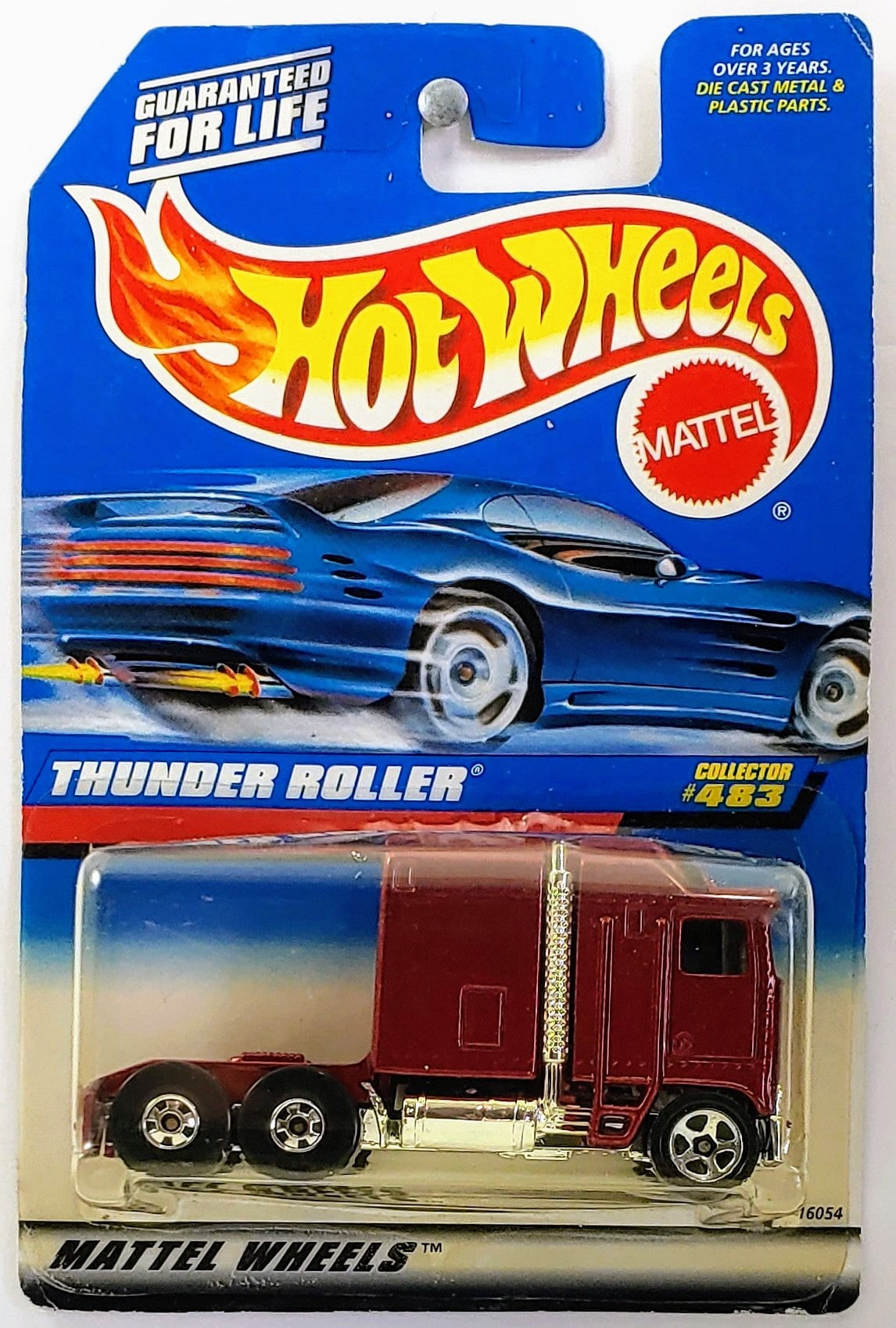 Hot Wheels 1998 - Collector # 483 - Thunder Roller (Semi) - Metalflake Maroon - BWs Rear & 5 Spokes Front - China - USA Blue Car Card