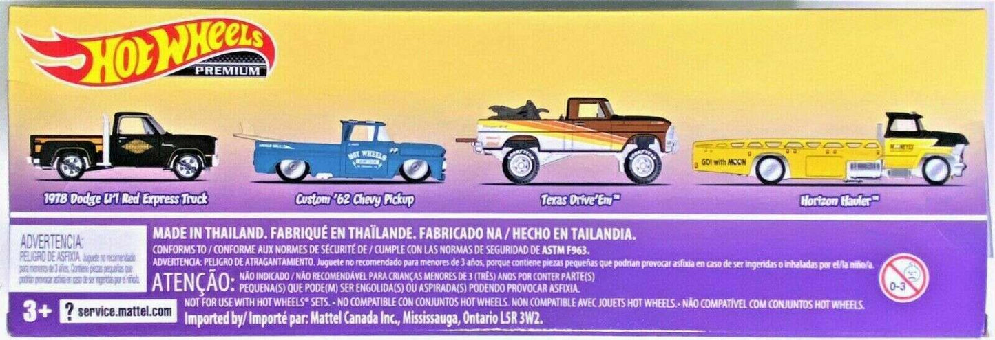 Hot Wheels 2022 - Premium / Diorama 4 Vehicle Set - Classic Trucks - Horizon Hauler, 1978 Dodge Li'l Red Express Truck, Custom '62 Chevy Pickup & Texas Drive 'Em - Metal/Metal & Real Riders