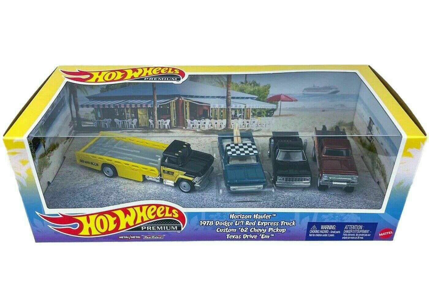 Hot Wheels 2022 - Premium / Diorama 4 Vehicle Set - Classic Trucks - Horizon Hauler, 1978 Dodge Li'l Red Express Truck, Custom '62 Chevy Pickup & Texas Drive 'Em - Metal/Metal & Real Riders