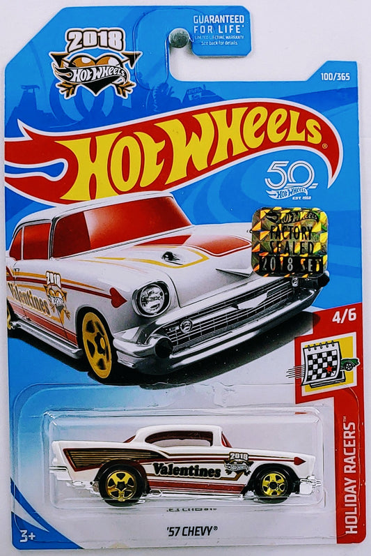 Hot Wheels 2018 - Collector # 100/365 - Holiday Racers 4/6 - '57 Chevy - White / 'Valentines Day' - USA '50th' Card with Factory Set Sticker